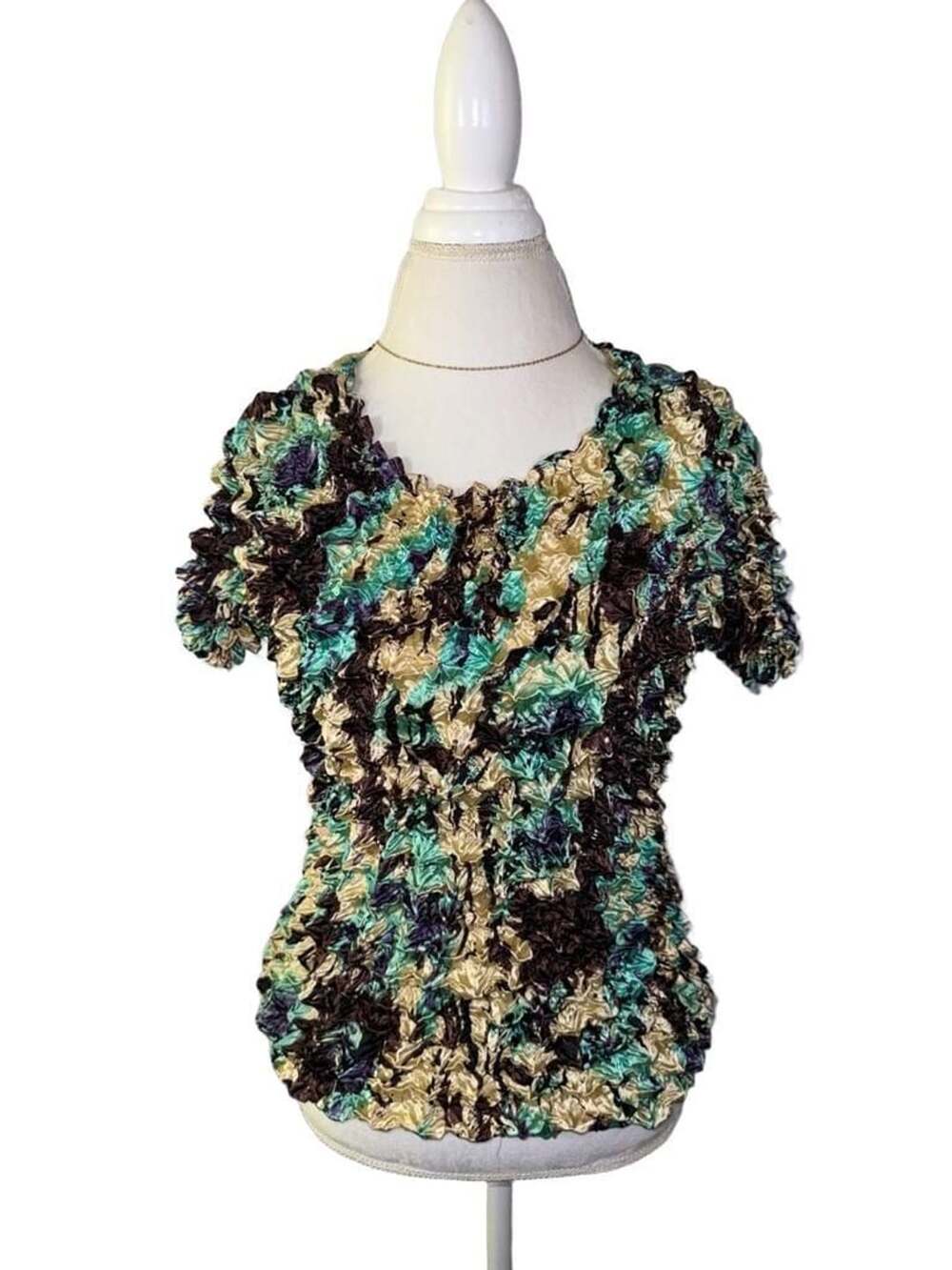 Vintage Stretch Popcorn Textured Short Sleeve Pullover Blouse Multicolored Crink